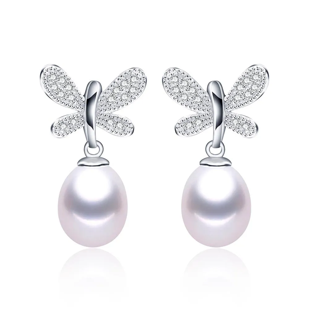 Hot sell Butterfly Pendientes Dangle Earrings 925 Sterling Silver Jewelry for Women Natural Pearl Jewelry 3 Color 9-10mm