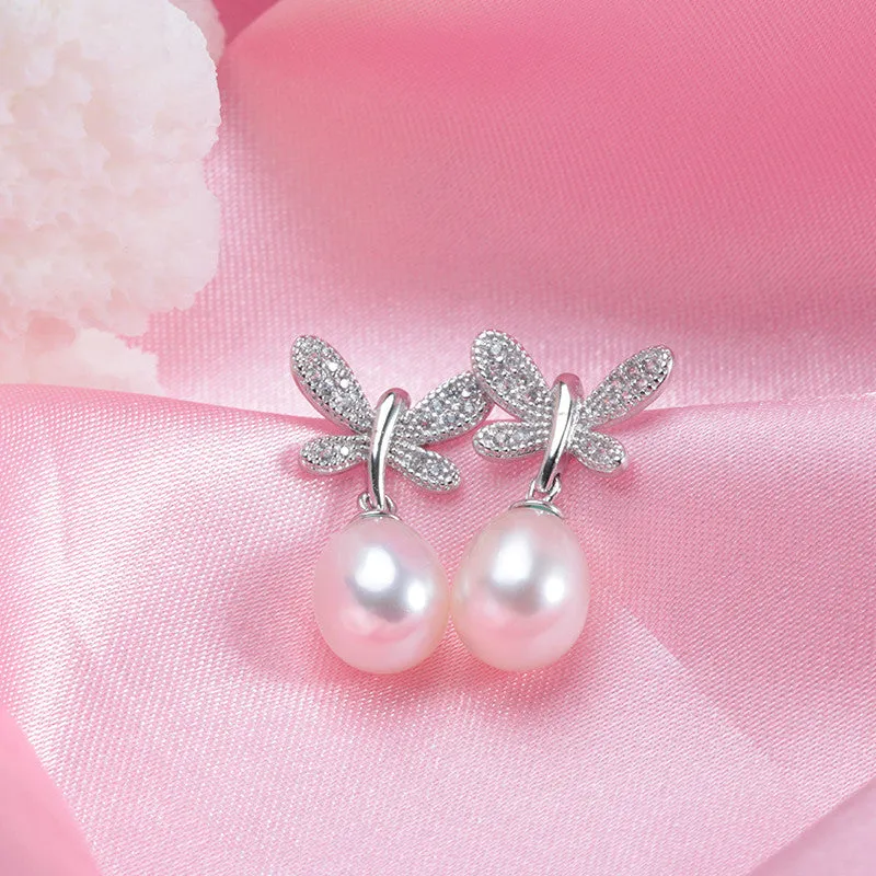 Hot sell Butterfly Pendientes Dangle Earrings 925 Sterling Silver Jewelry for Women Natural Pearl Jewelry 3 Color 9-10mm