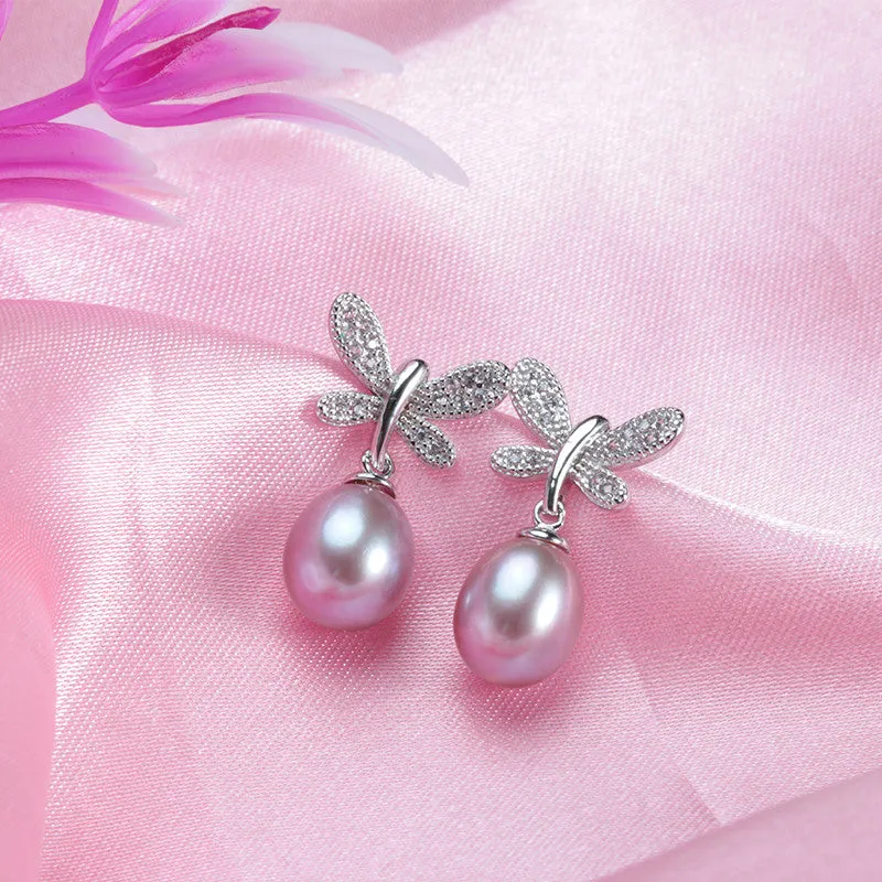 Hot sell Butterfly Pendientes Dangle Earrings 925 Sterling Silver Jewelry for Women Natural Pearl Jewelry 3 Color 9-10mm