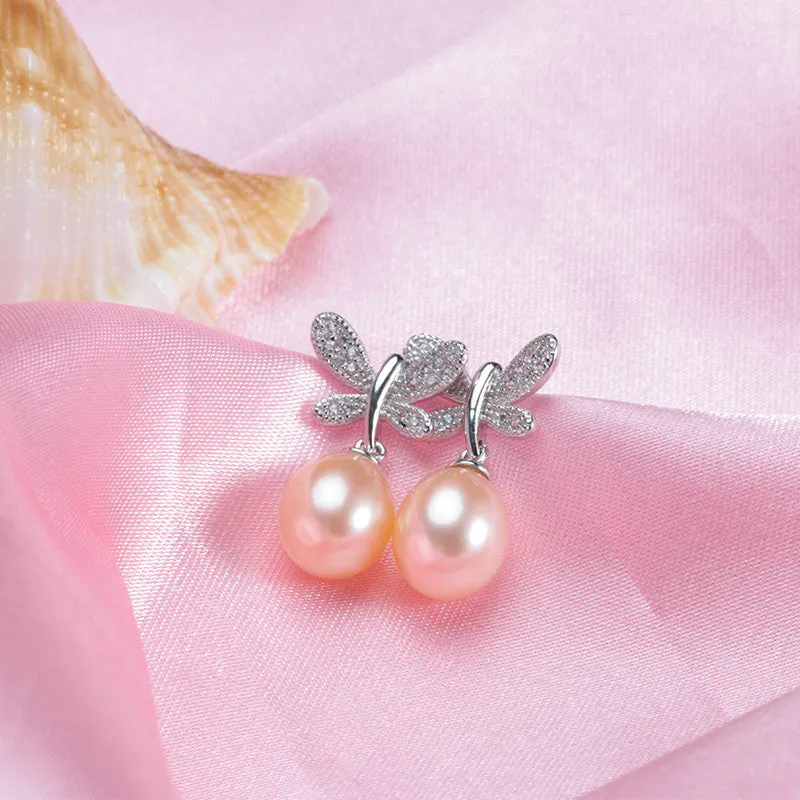 Hot sell Butterfly Pendientes Dangle Earrings 925 Sterling Silver Jewelry for Women Natural Pearl Jewelry 3 Color 9-10mm