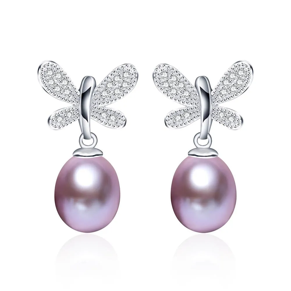 Hot sell Butterfly Pendientes Dangle Earrings 925 Sterling Silver Jewelry for Women Natural Pearl Jewelry 3 Color 9-10mm