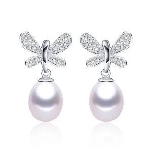 Hot sell Butterfly Pendientes Dangle Earrings 925 Sterling Silver Jewelry for Women Natural Pearl Jewelry 3 Color 9-10mm