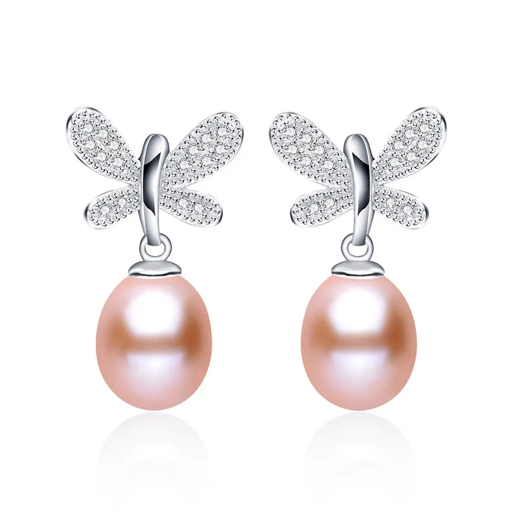 Hot sell Butterfly Pendientes Dangle Earrings 925 Sterling Silver Jewelry for Women Natural Pearl Jewelry 3 Color 9-10mm