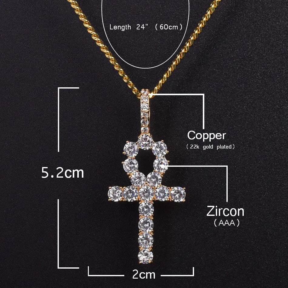 Iced Zircon Ankh Cross Pendant Gold Silver Copper Material CZ Egyptian Key of Life Pendant Necklace Men Women Hip Hop Jewelry