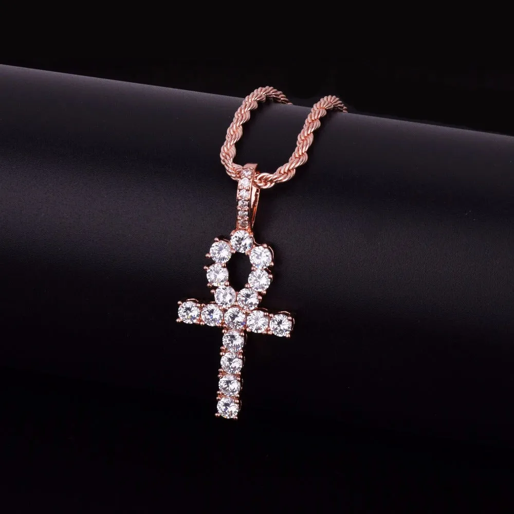 Iced Zircon Ankh Cross Pendant Gold Silver Copper Material CZ Egyptian Key of Life Pendant Necklace Men Women Hip Hop Jewelry