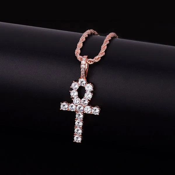 Iced Zircon Ankh Cross Pendant Gold Silver Copper Material CZ Egyptian Key of Life Pendant Necklace Men Women Hip Hop Jewelry