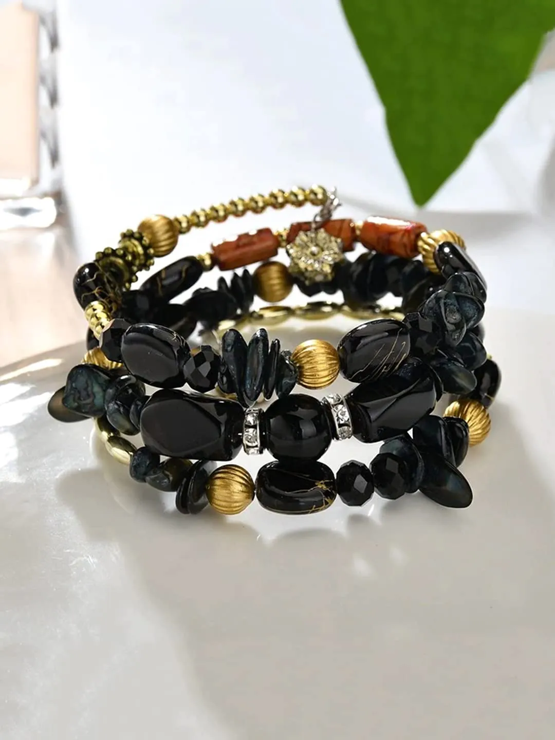 Kairangi Bracelet for Women and Girls Fashion Black Beads Bracelets for Women | Bohemian Bead Bracelet | Stretch Beaded Layered Bracelet | Birthday Gift For girls and Women