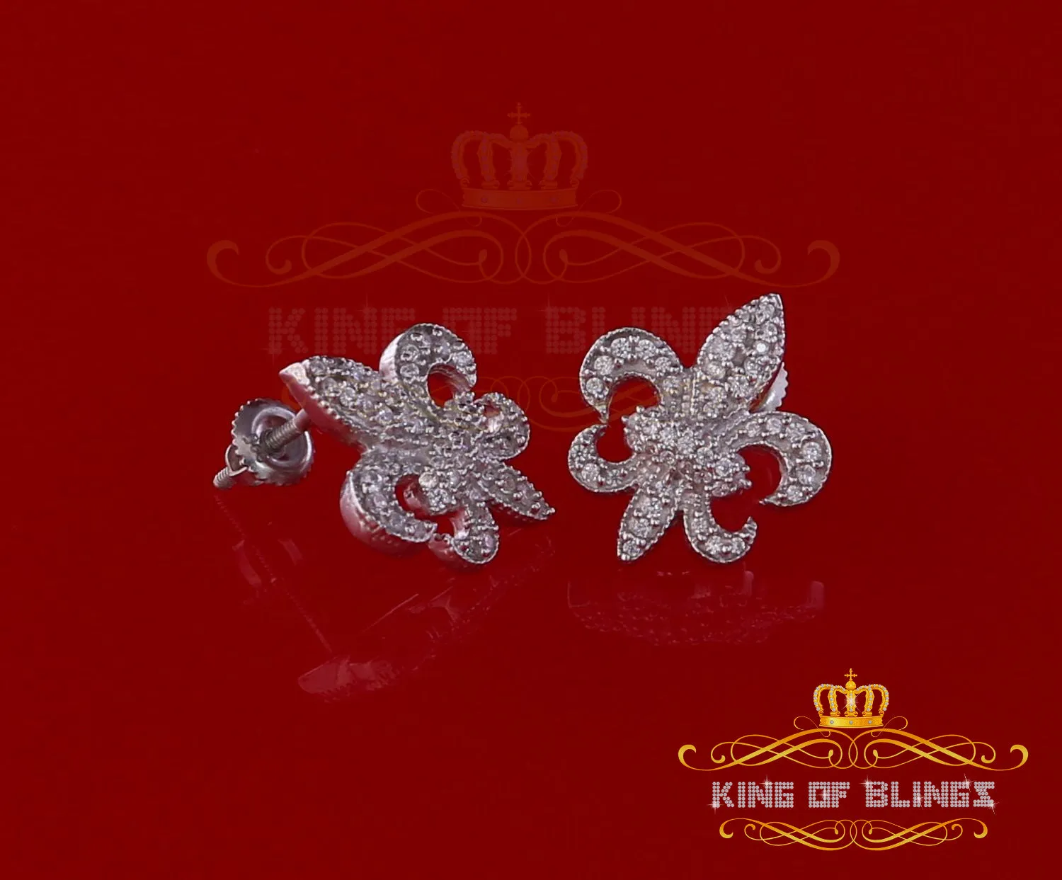 King of Blings- Fleur de Lis White 925 Silver Screw Back 0.96ct Cubic Zirconia Women's Earrings