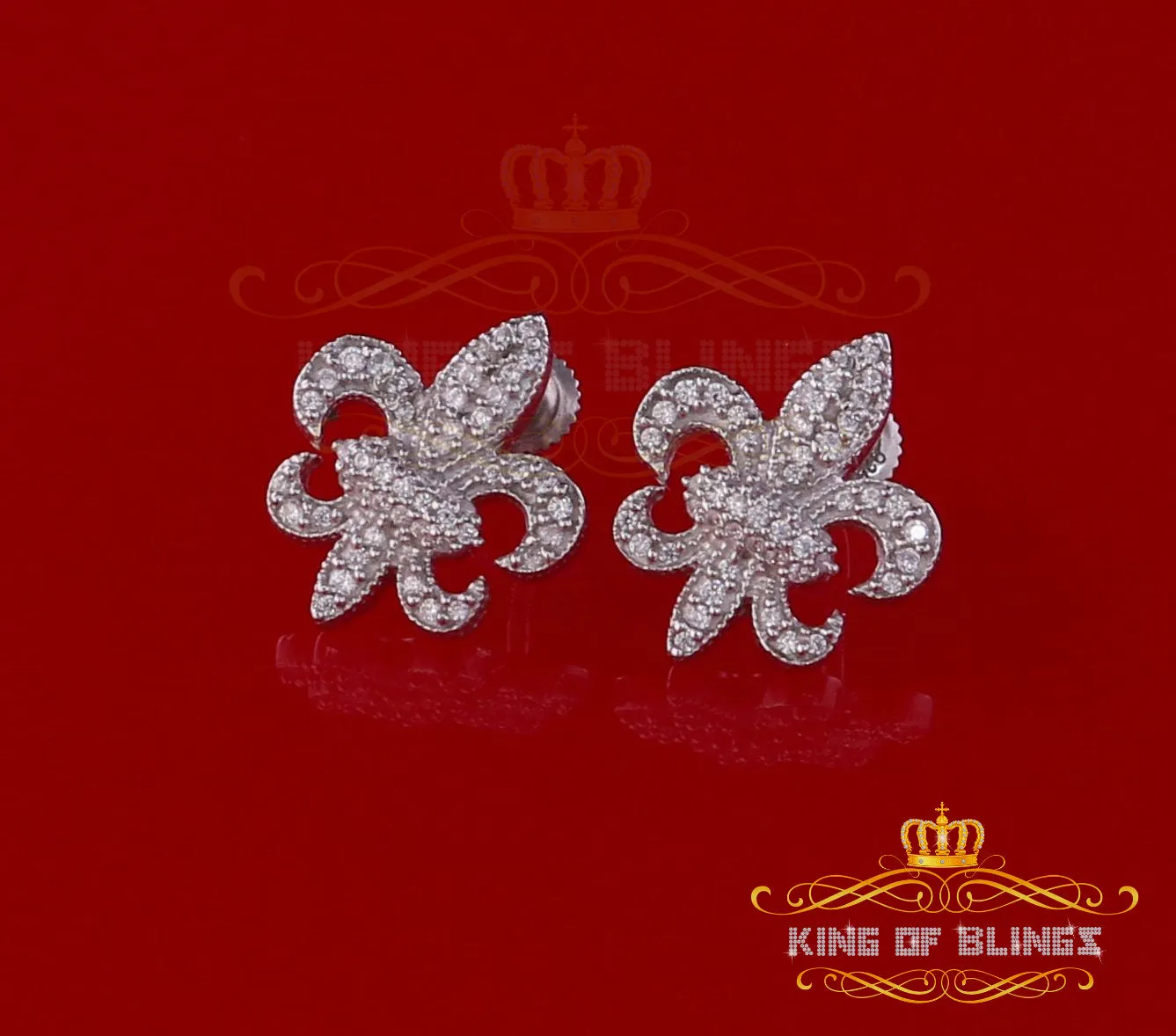 King of Blings- Fleur de Lis White 925 Silver Screw Back 0.96ct Cubic Zirconia Women's Earrings