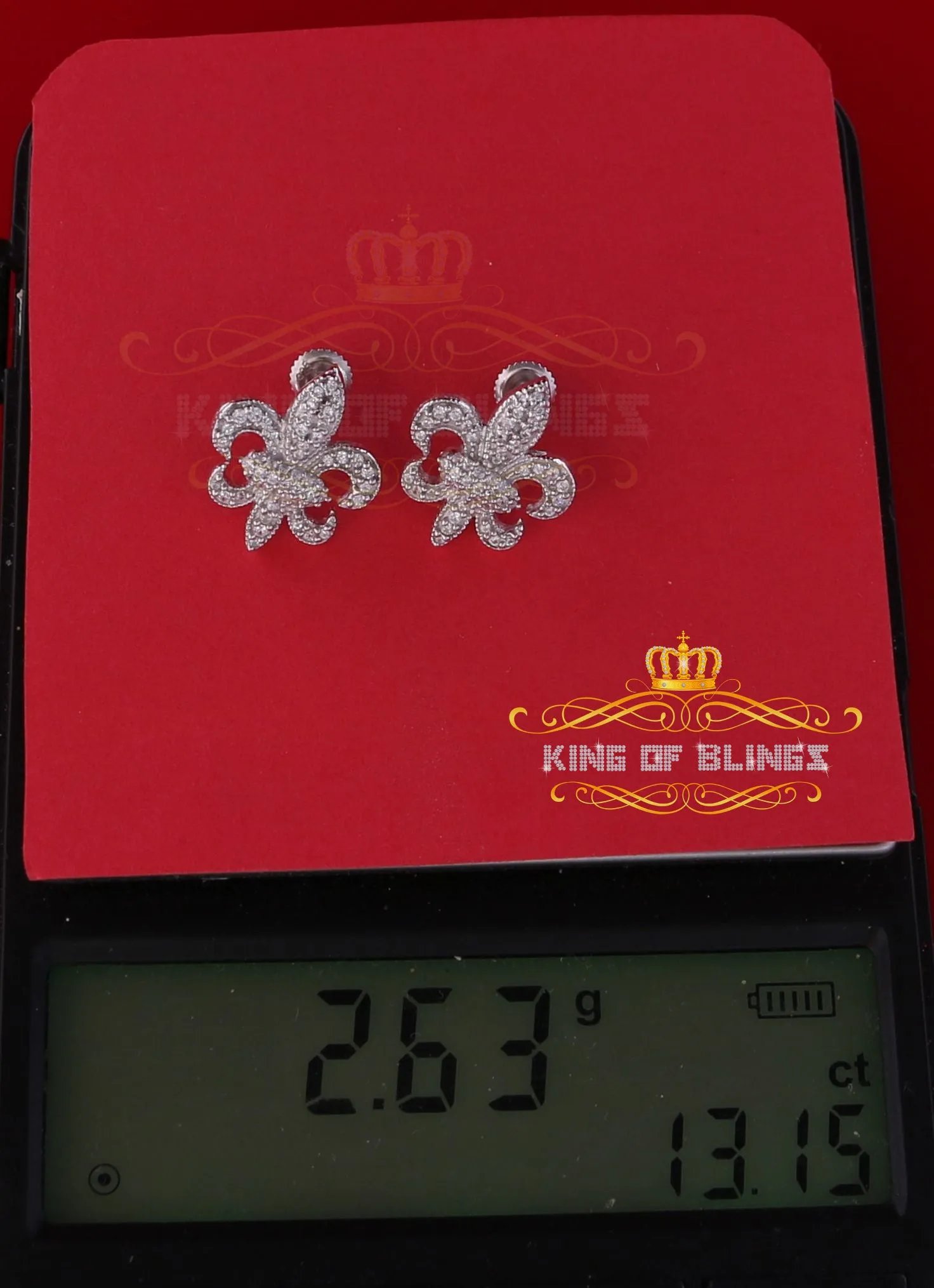 King of Blings- Fleur de Lis White 925 Silver Screw Back 0.96ct Cubic Zirconia Women's Earrings