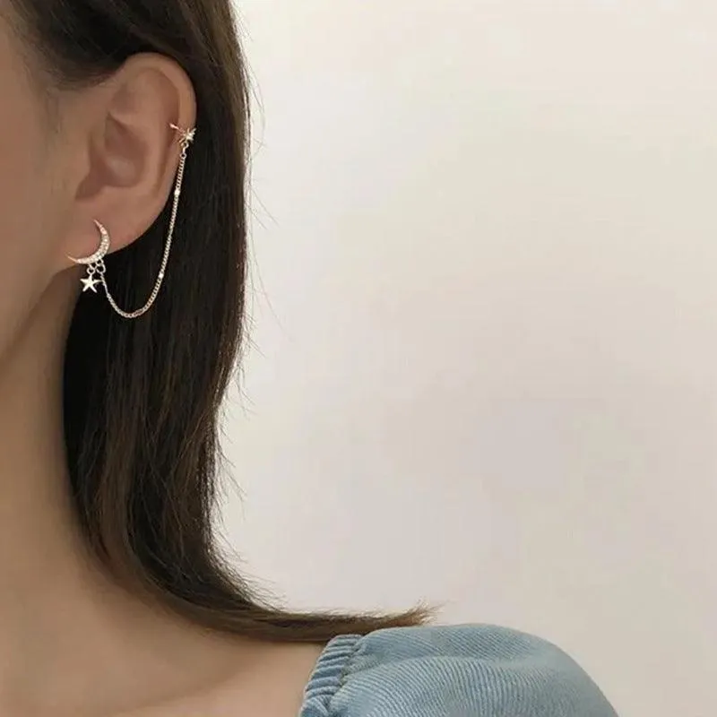 KittenAlarm - Peronel Zircon Earclip Chain Stud Earrings