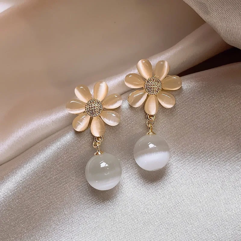 Korean Fashion Elegant Pearl Pendant Earrings Crystal Zircon Opal Flowers Drop Earring for Women Wedding Party Jewelry Gifts