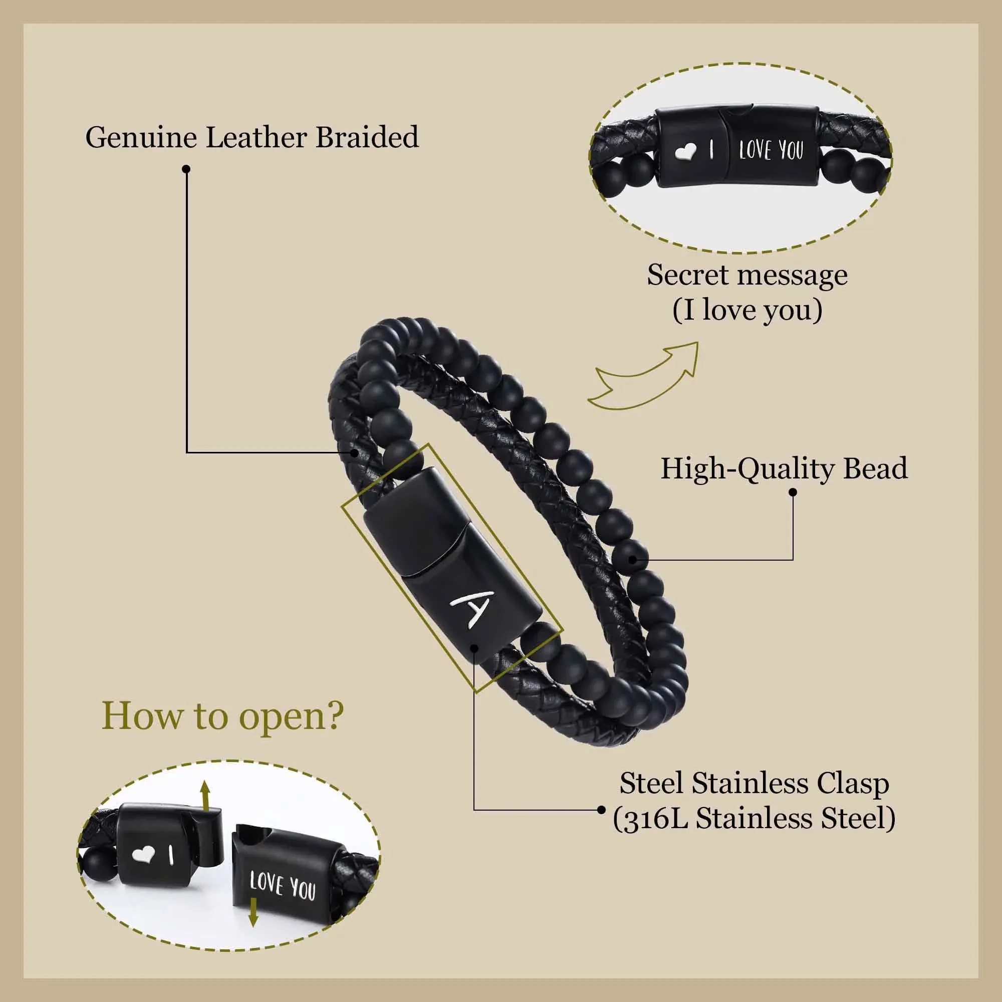 Leather Bracelet for Men Initial Z Layered Black Beaded Bracelets I Love You Gifts for Him