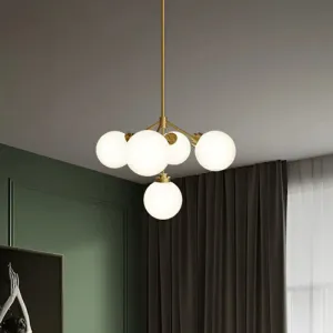 Minimalist Gold Opal Glass 5-Bulb Chandelier - Ball Dining Room Hanging Lamp