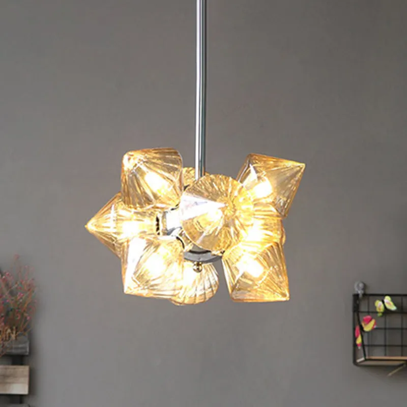 Modern Chrome Chandelier with Amber Glass and 9/12 Bulb Options