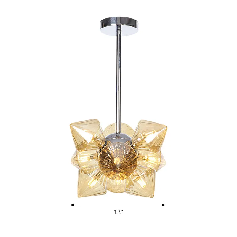 Modern Chrome Chandelier with Amber Glass and 9/12 Bulb Options