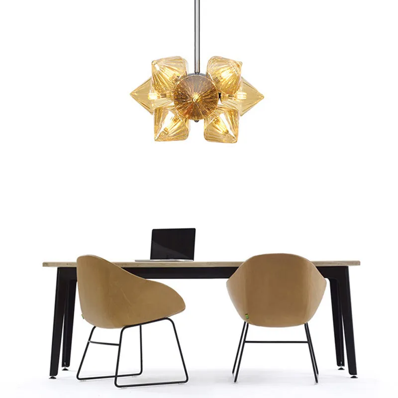 Modern Chrome Chandelier with Amber Glass and 9/12 Bulb Options