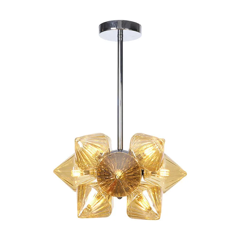 Modern Chrome Chandelier with Amber Glass and 9/12 Bulb Options