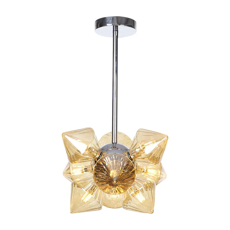 Modern Chrome Chandelier with Amber Glass and 9/12 Bulb Options