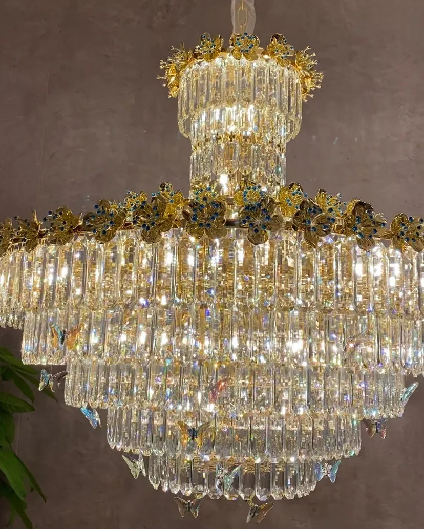 Modern Light Luxury Art Design Butterfly Multi-tiered Round Crystal Chandelier with Golden Flowers for Living Room/Staircase/Foyer