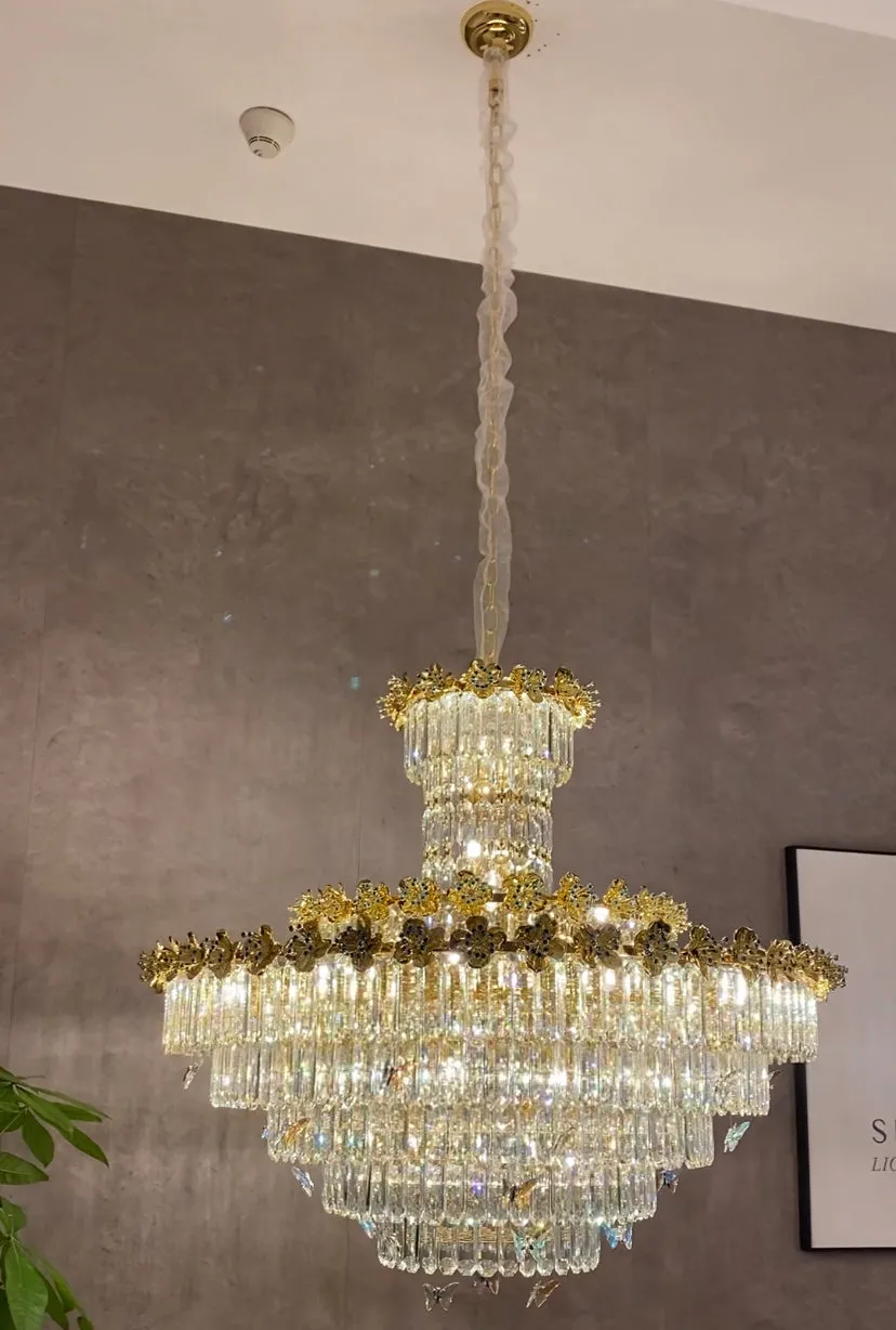 Modern Light Luxury Art Design Butterfly Multi-tiered Round Crystal Chandelier with Golden Flowers for Living Room/Staircase/Foyer