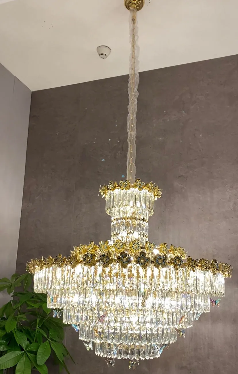 Modern Light Luxury Art Design Butterfly Multi-tiered Round Crystal Chandelier with Golden Flowers for Living Room/Staircase/Foyer