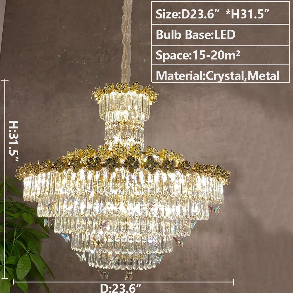 Modern Light Luxury Art Design Butterfly Multi-tiered Round Crystal Chandelier with Golden Flowers for Living Room/Staircase/Foyer