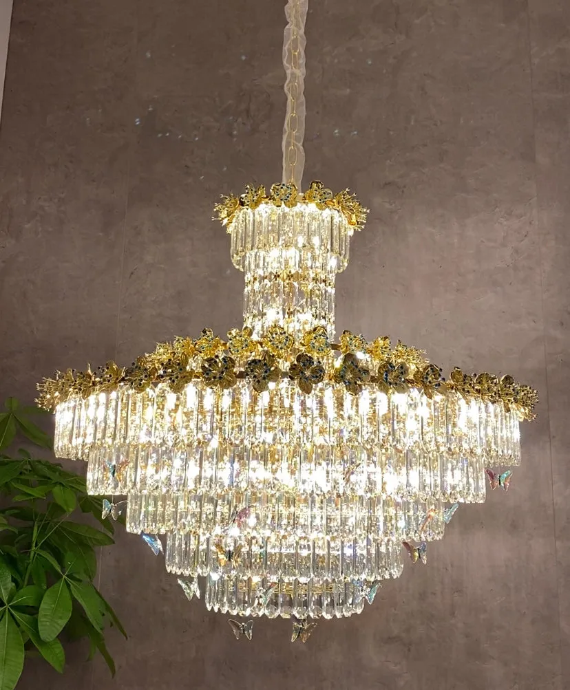 Modern Light Luxury Art Design Butterfly Multi-tiered Round Crystal Chandelier with Golden Flowers for Living Room/Staircase/Foyer