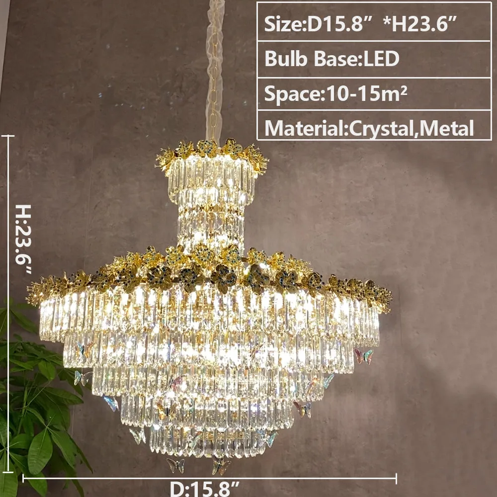 Modern Light Luxury Art Design Butterfly Multi-tiered Round Crystal Chandelier with Golden Flowers for Living Room/Staircase/Foyer