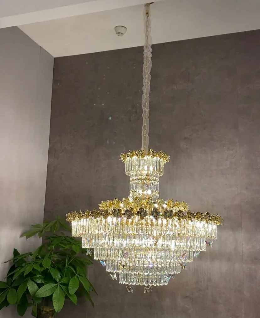 Modern Light Luxury Art Design Butterfly Multi-tiered Round Crystal Chandelier with Golden Flowers for Living Room/Staircase/Foyer