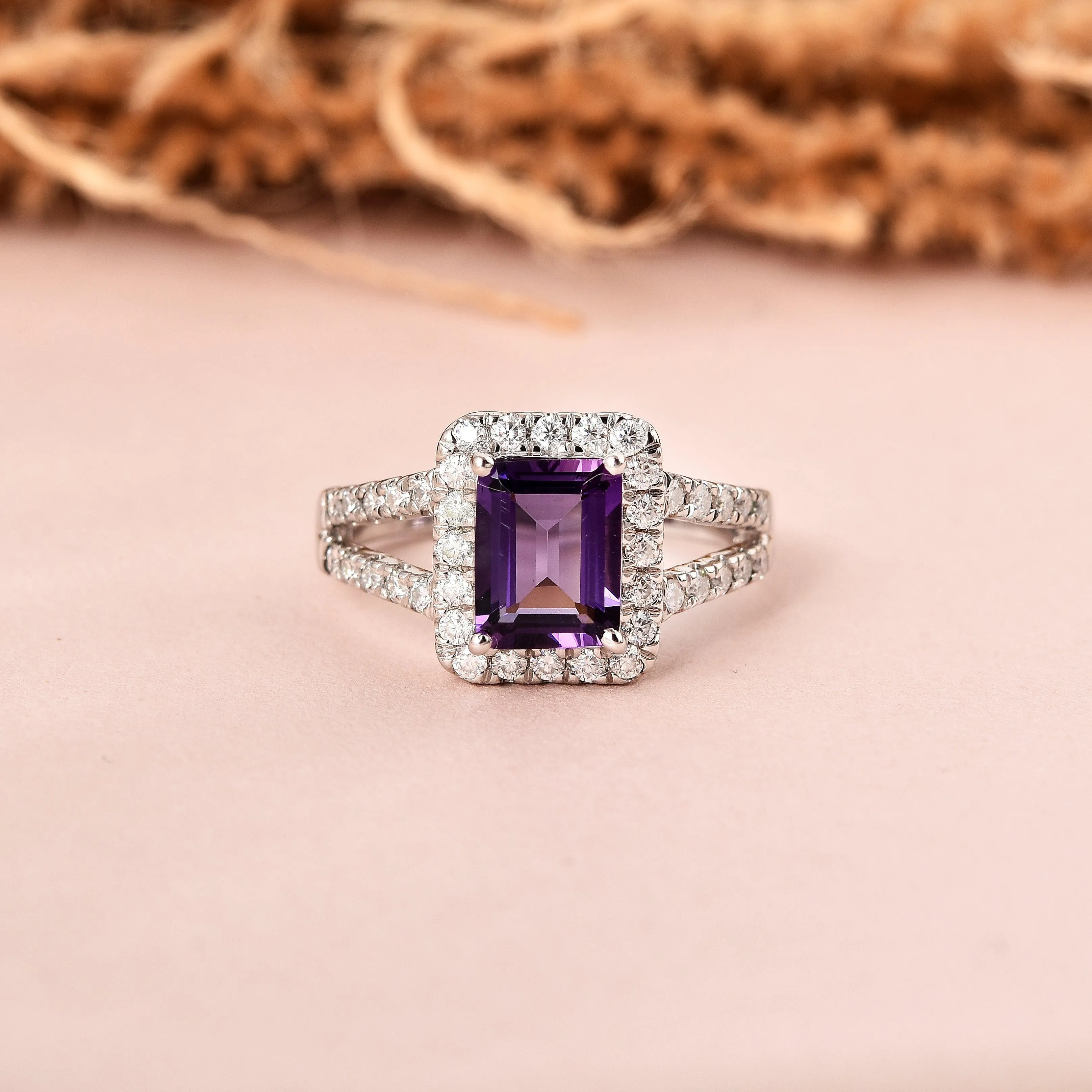 Natural Amethyst Octagon Halo Ring