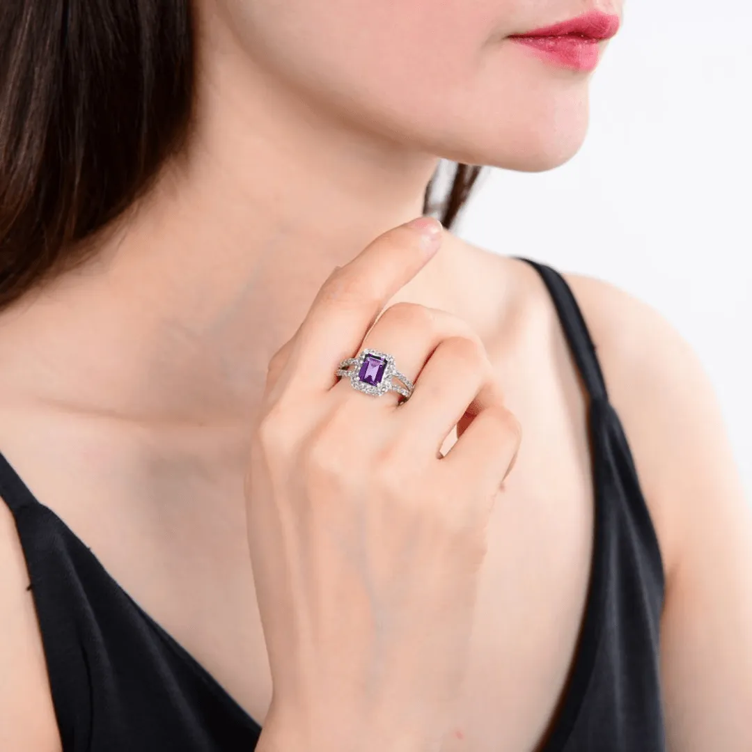 Natural Amethyst Octagon Halo Ring