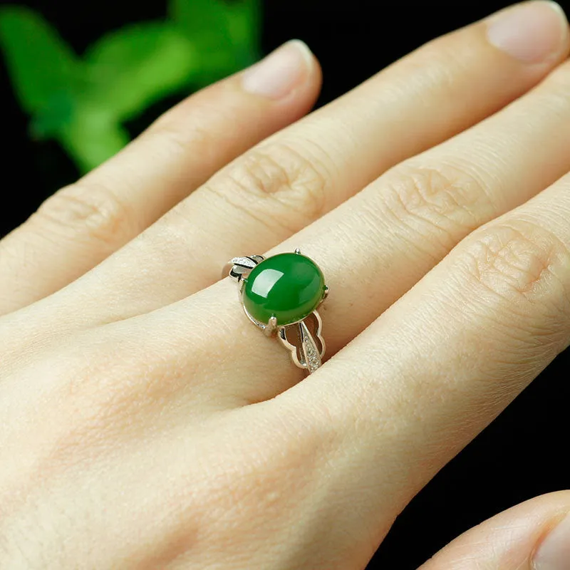 Natural Jade Ring Nephrite Silver Zircon Adjustable Ring ZNRG118