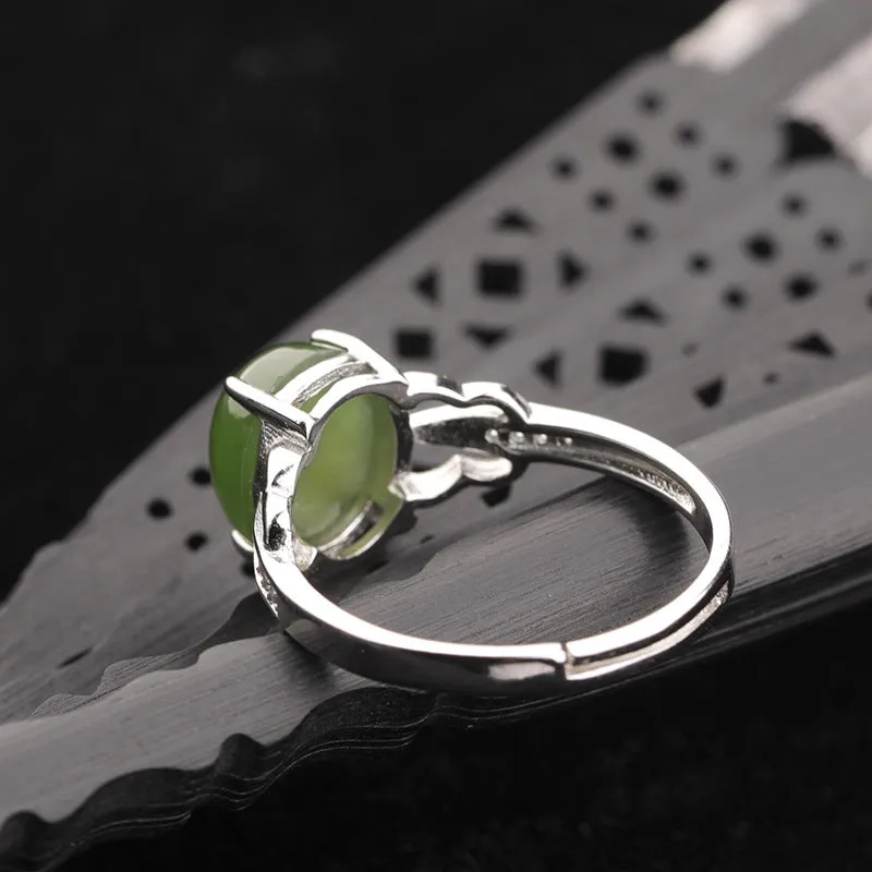 Natural Jade Ring Nephrite Silver Zircon Adjustable Ring ZNRG118