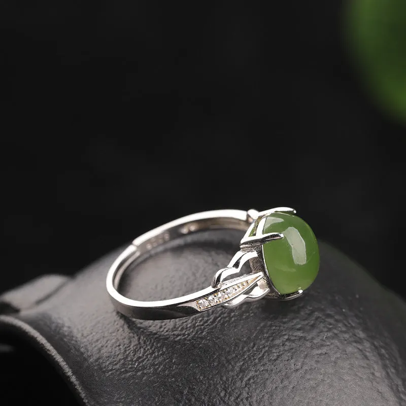 Natural Jade Ring Nephrite Silver Zircon Adjustable Ring ZNRG118