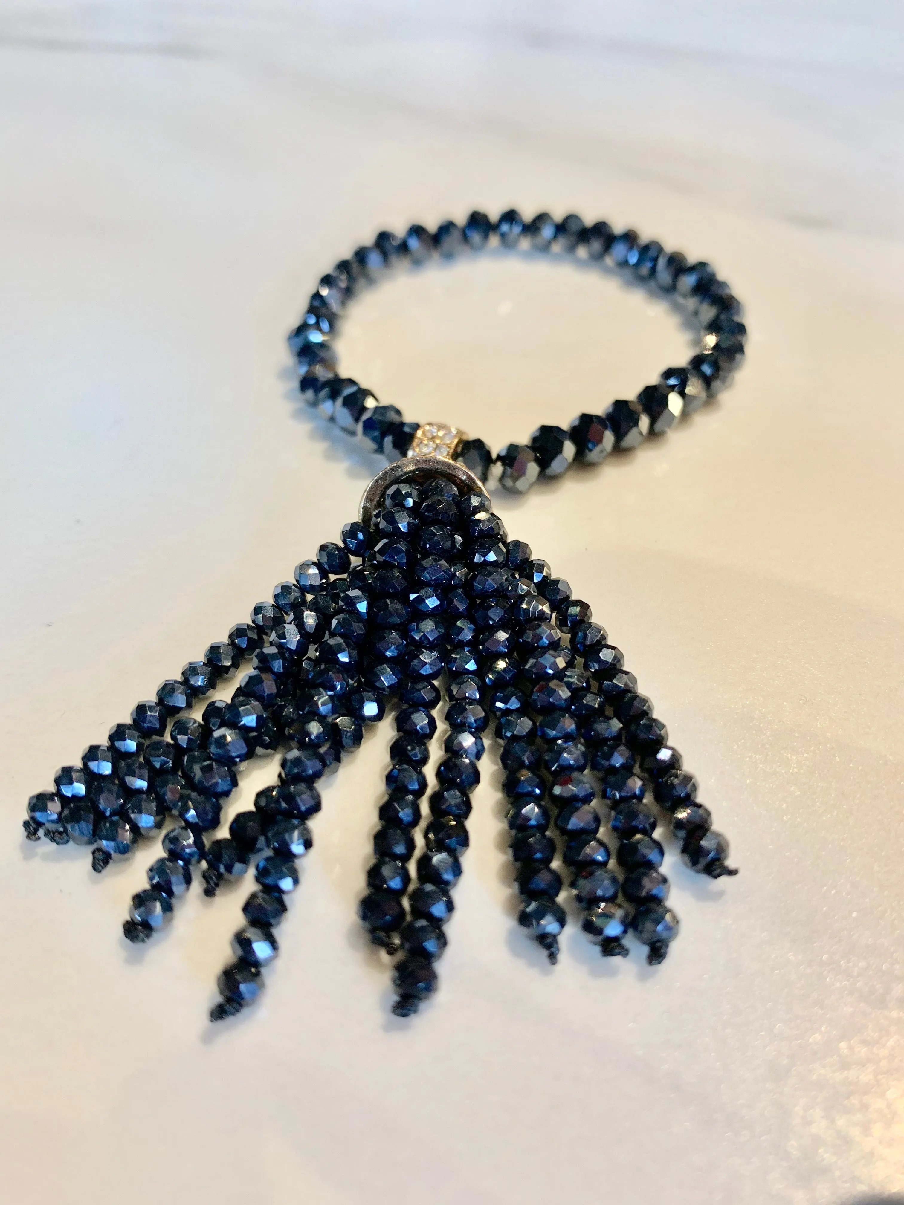 Navy Cut Glass with Aurora Borealis Stretch Bracelet with Beaded Tassel