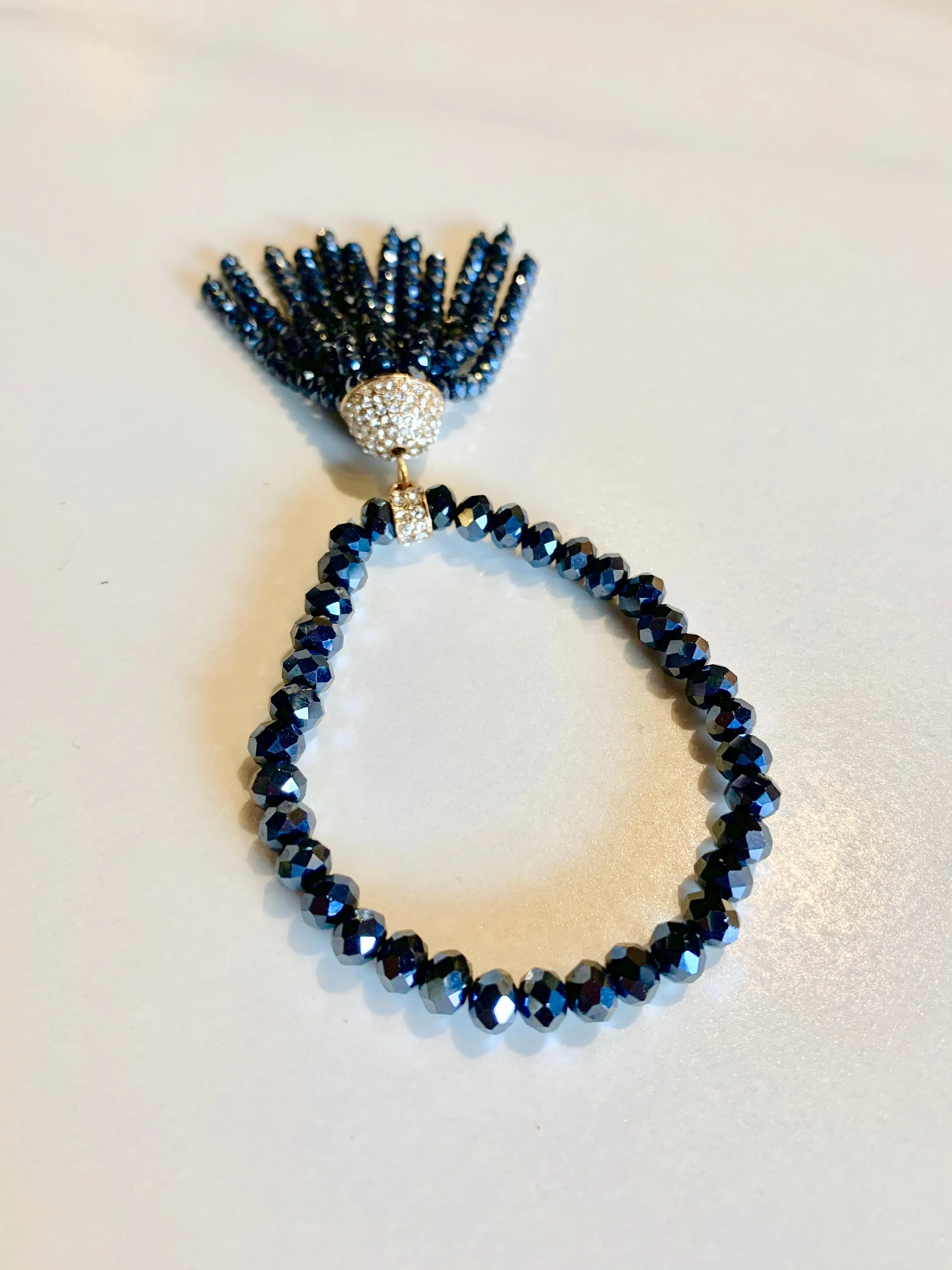 Navy Cut Glass with Aurora Borealis Stretch Bracelet with Beaded Tassel