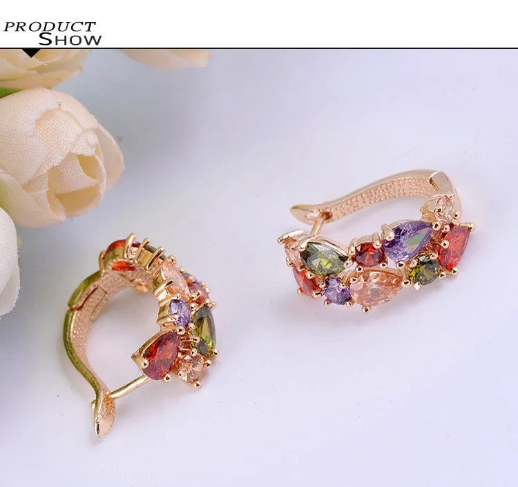 New Flower Earrings18K Rose Gold /Gold Plt Inlay Multicolor Cubic Zircon Stud Earrings For Women