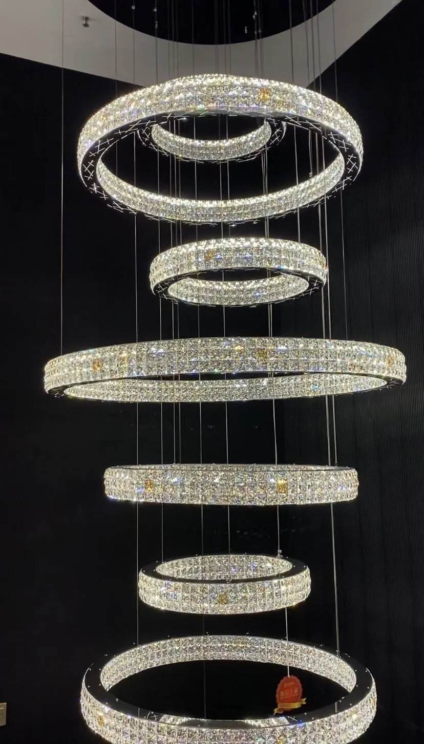 New Modern Light Luxury Oversized Multi-tiered Rings Crystal Chandelier for Staircase/Duplex/High-ceiling Space