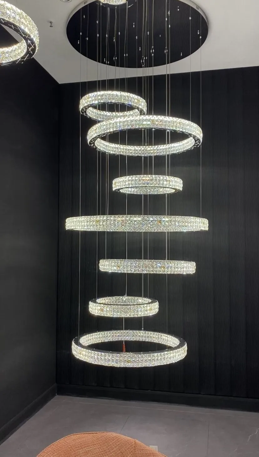 New Modern Light Luxury Oversized Multi-tiered Rings Crystal Chandelier for Staircase/Duplex/High-ceiling Space