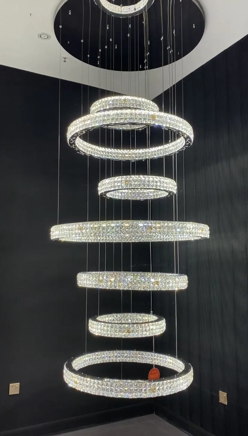 New Modern Light Luxury Oversized Multi-tiered Rings Crystal Chandelier for Staircase/Duplex/High-ceiling Space