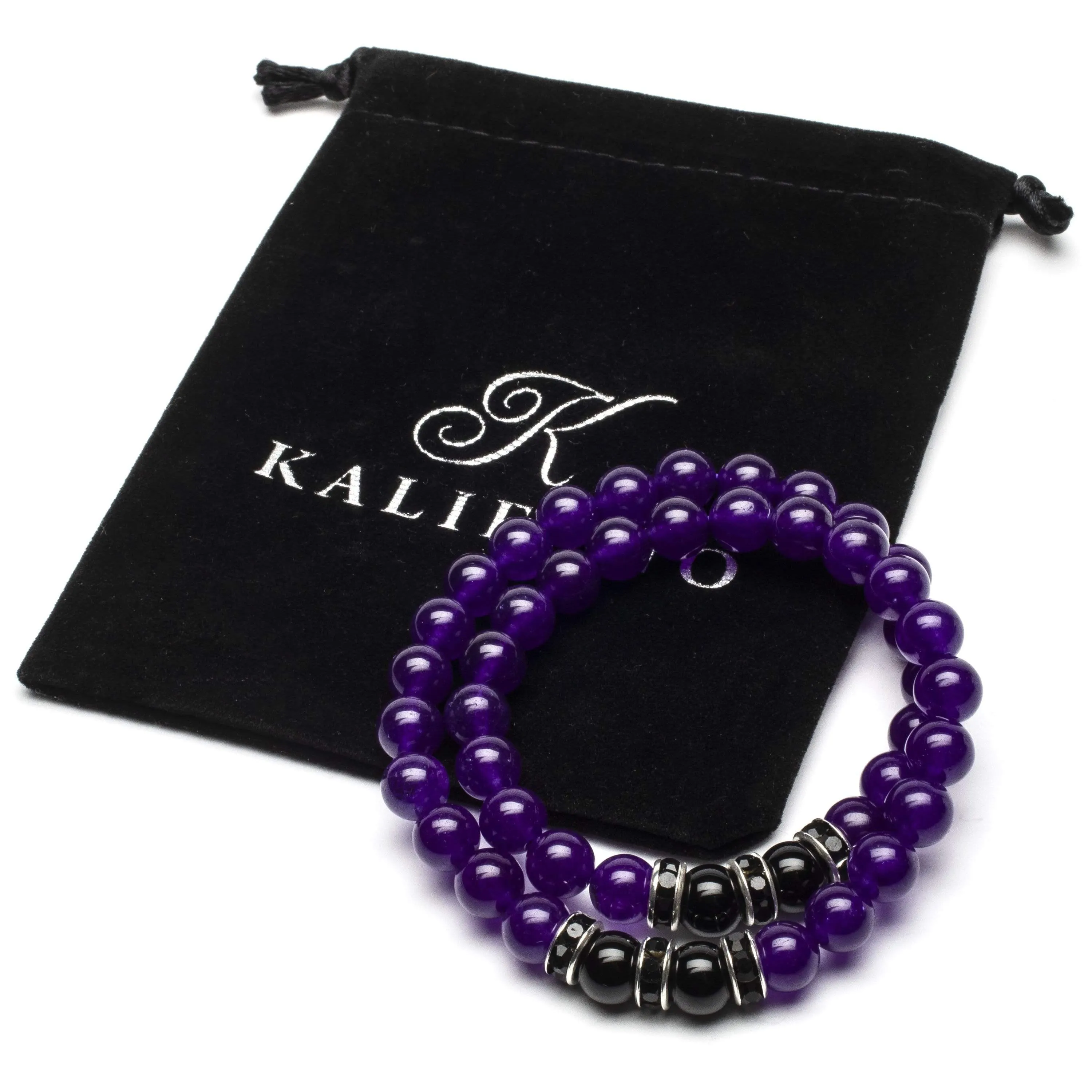 Purple Agate & Black Agate 8 mm Beads Elastic Bracelet