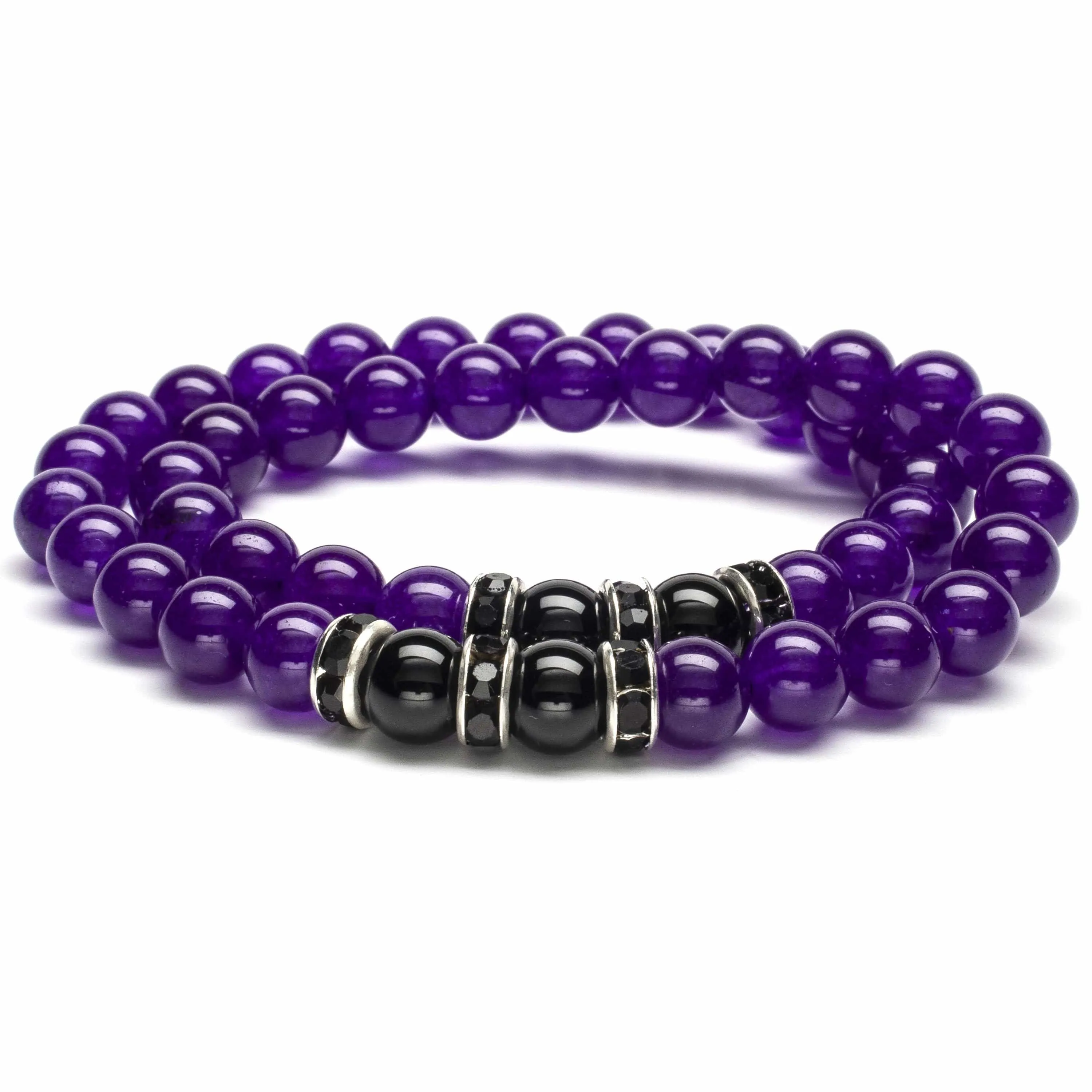 Purple Agate & Black Agate 8 mm Beads Elastic Bracelet