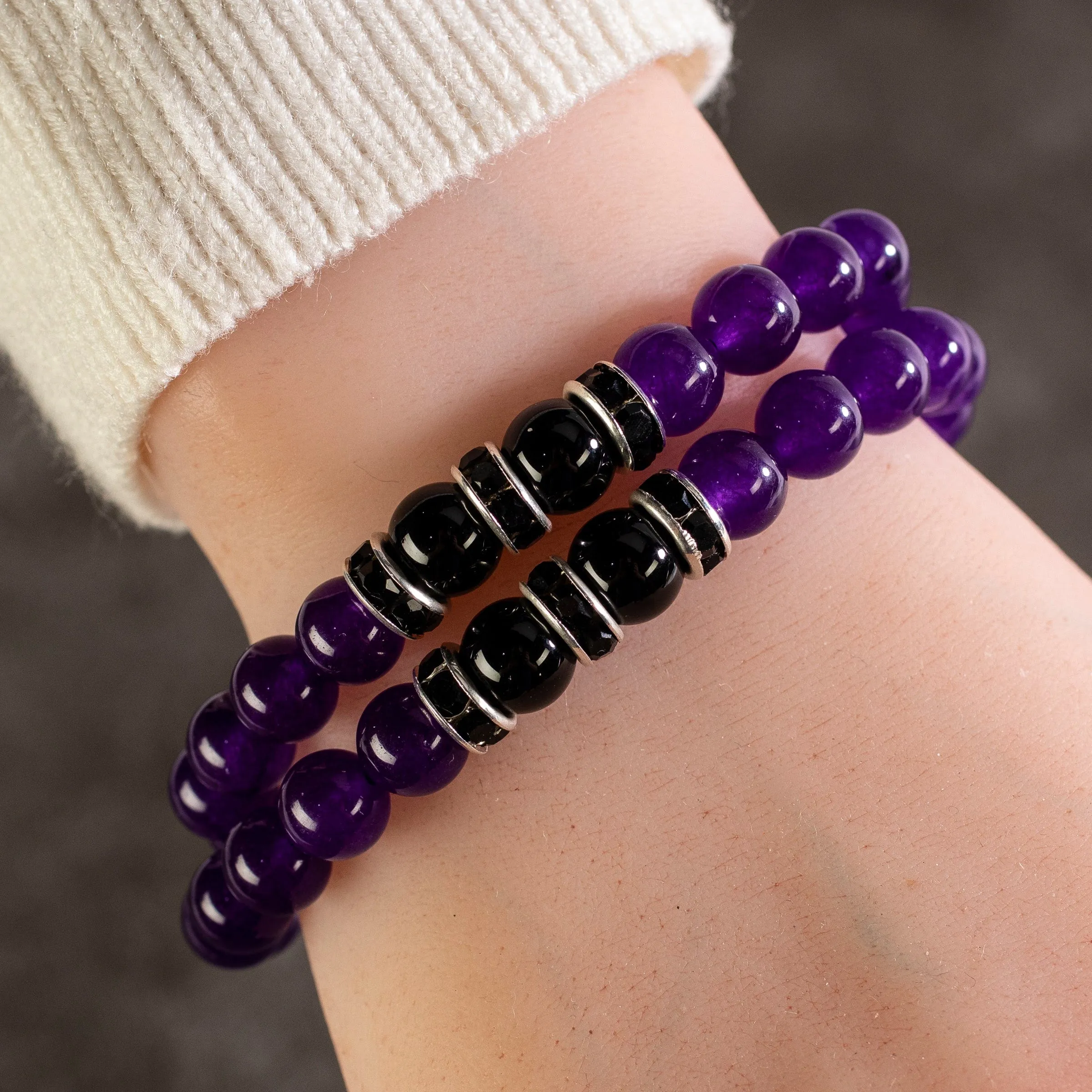 Purple Agate & Black Agate 8 mm Beads Elastic Bracelet