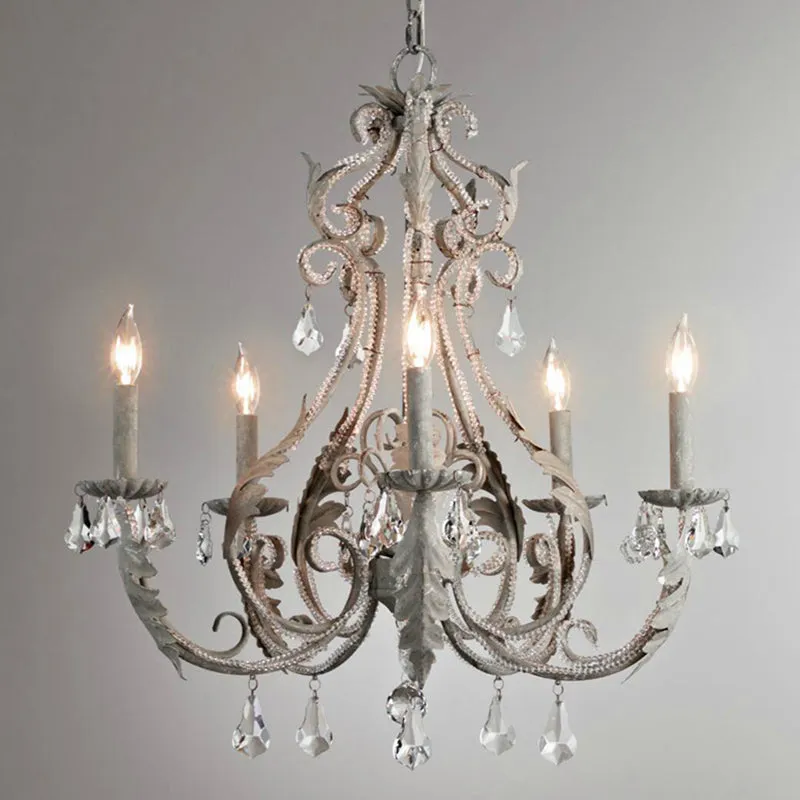 Retro 6-Head Pendant Chandelier with Crystal Beaded Arms - Metallic Candelabra Light for Living Room