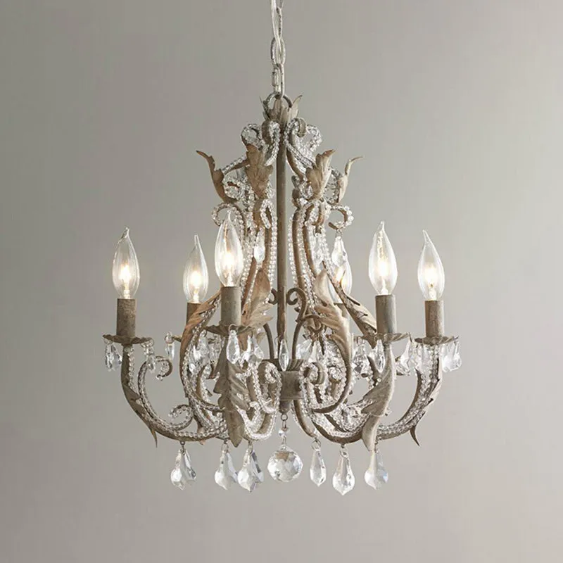 Retro 6-Head Pendant Chandelier with Crystal Beaded Arms - Metallic Candelabra Light for Living Room