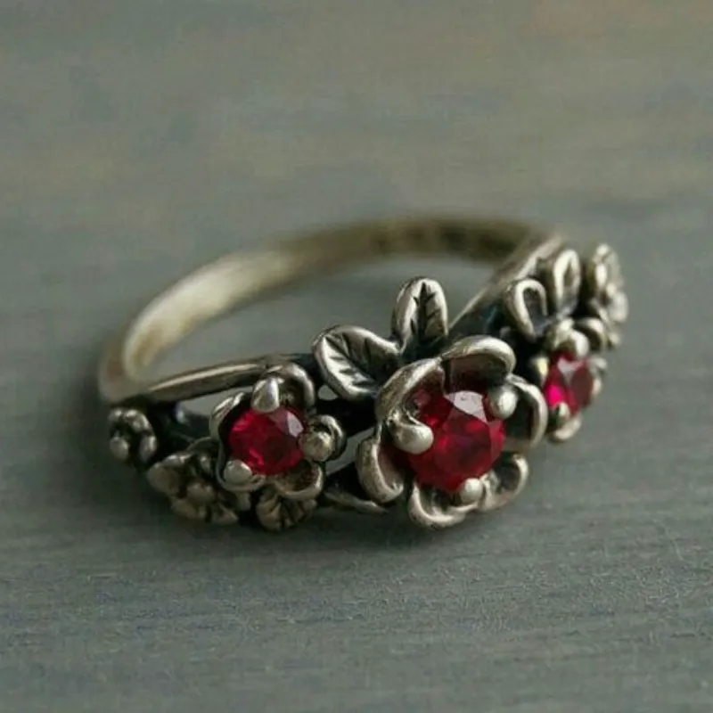 Retro Bohemian Red Crystal Zircon Ring - Silver Wedding & Engagement Gift