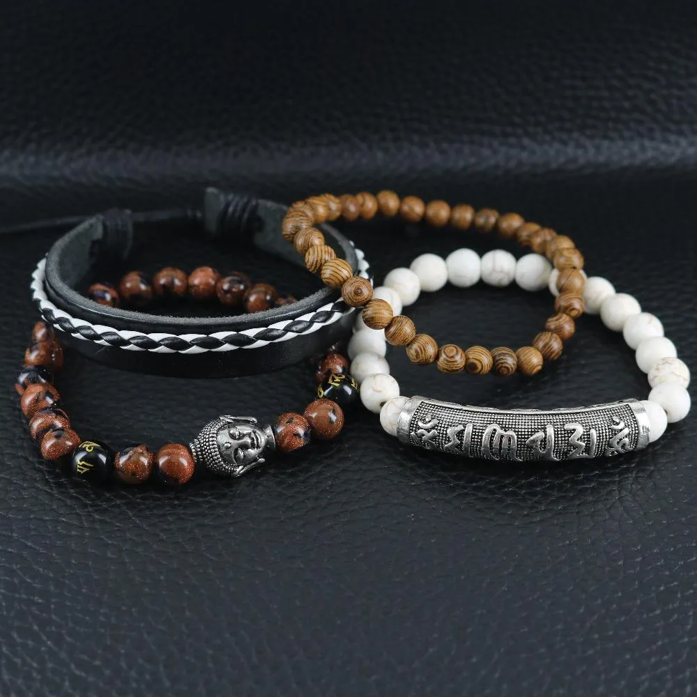 Sandstone Beaded Buddha Leather Wrap Bracelet