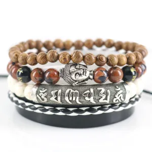 Sandstone Beaded Buddha Leather Wrap Bracelet