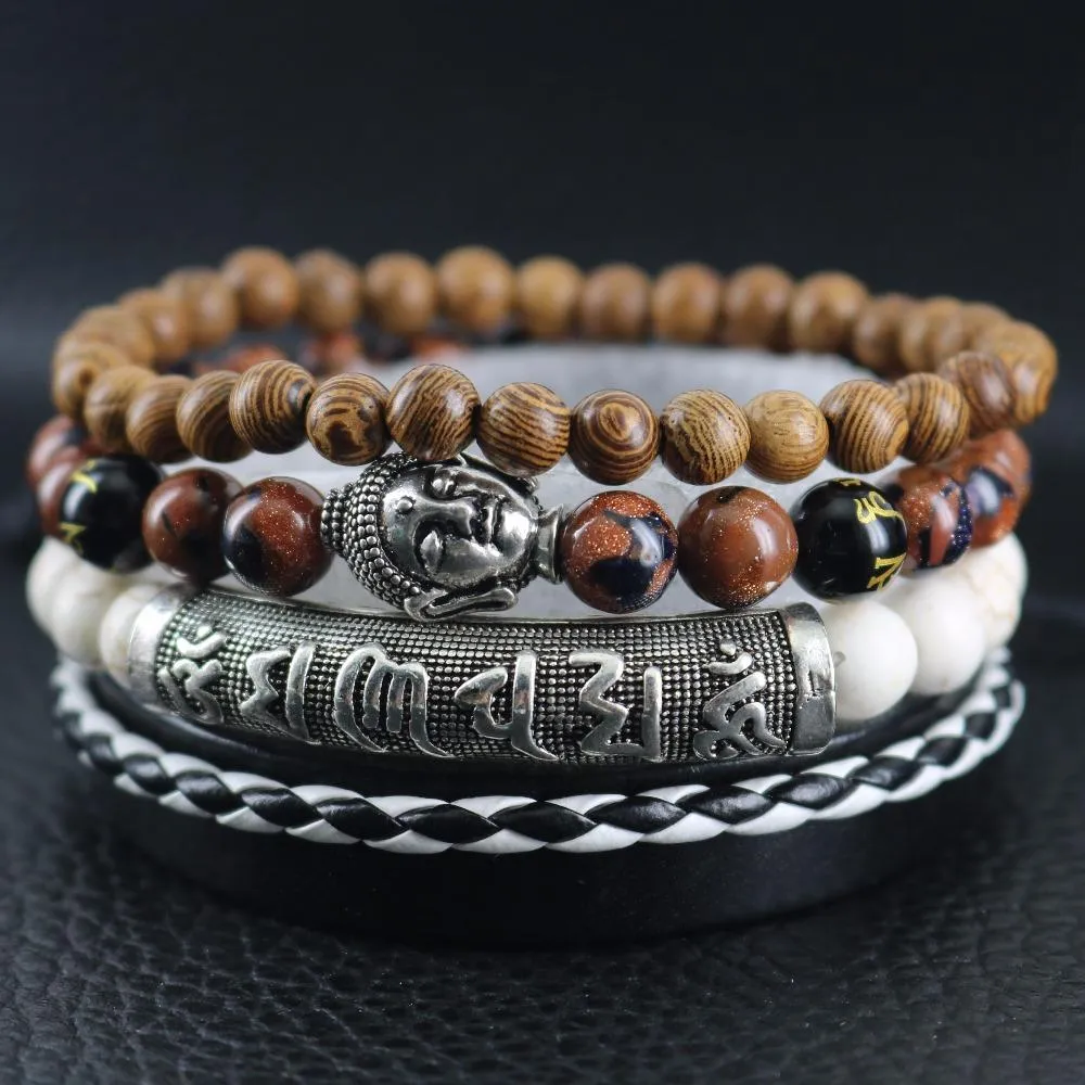 Sandstone Beaded Buddha Leather Wrap Bracelet